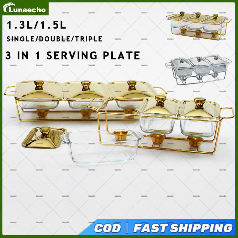 Prasmanan Kaca 3in1 / Triple Buffett Dengan Tatakan Marmer - Wadah Saji Makanan Cantik Gold Silver