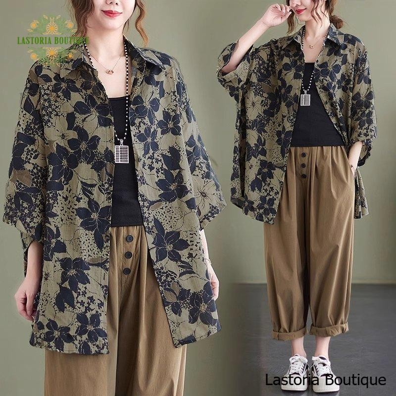 LC422 Kemeja Korea Oversized Motif Bunga Fashion Vintage Retro Terbaru Lastoria Boutique