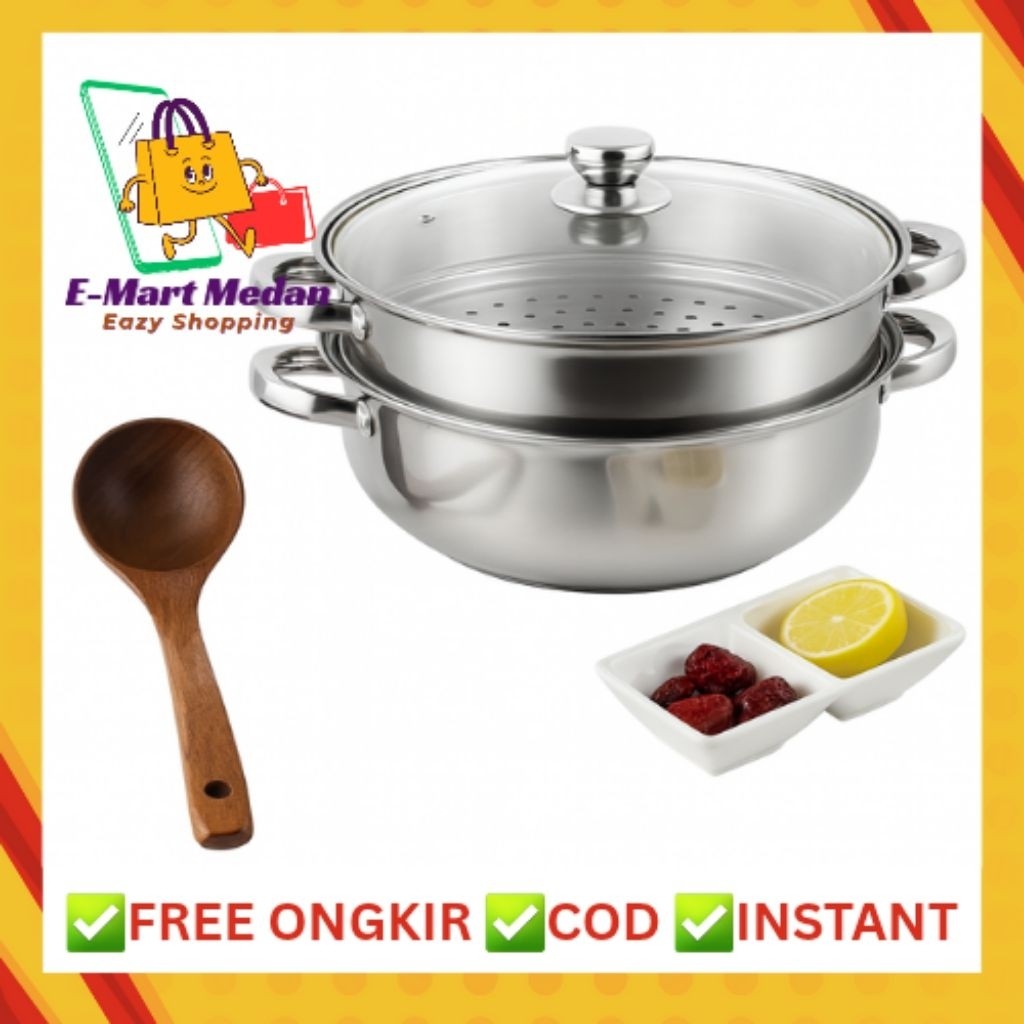 Panci Kukus Stainless 28 cm susun 2 / Dandang Panci Kukus set 2 layer bmw / panci steamer