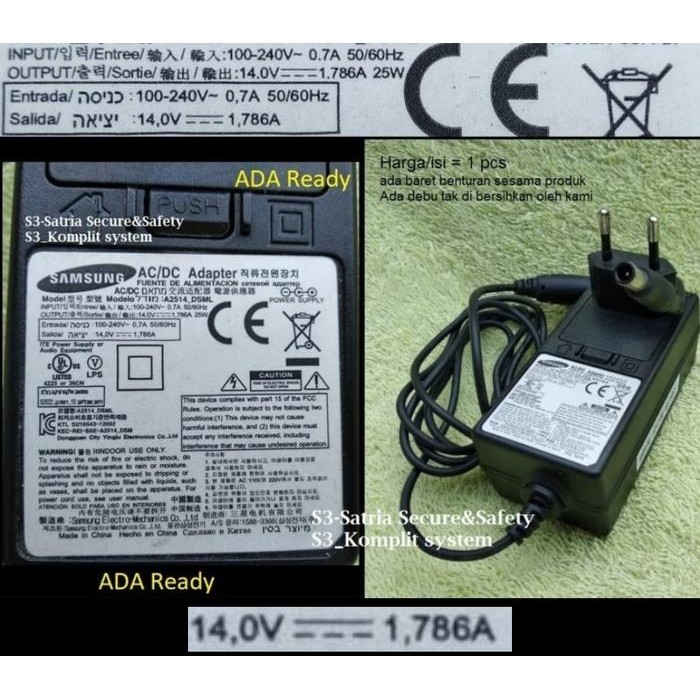 samsung Adaptor 14V 1,786A Adapter monitor 14.0V 1.786A 25W 1.43A electronic Parts Komponen Elektron