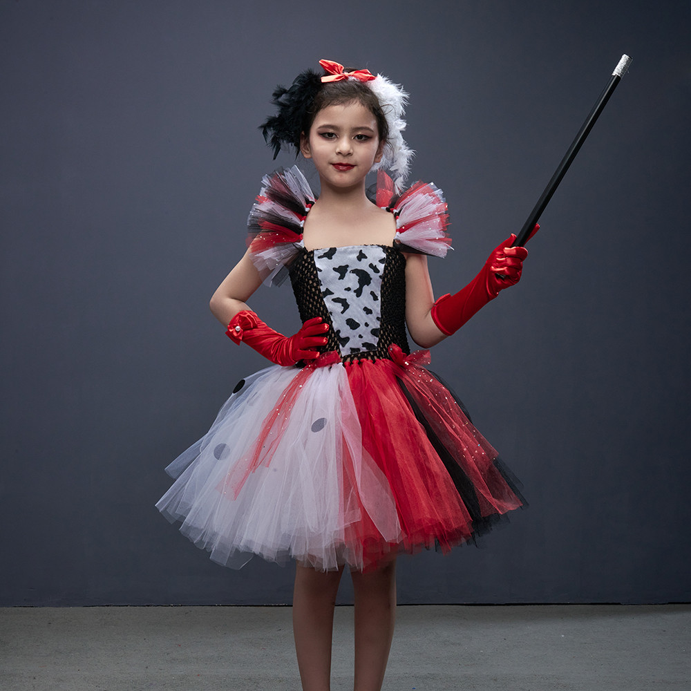 Deluxe Cruella pired Tutu Dress for Evil Villain Halloween Costume Dalmatians Dog Black White Fancy 