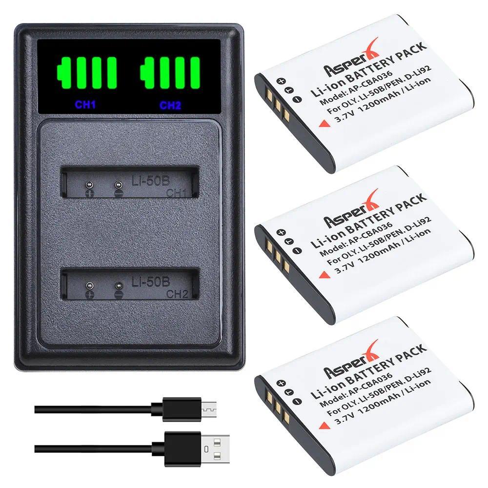 3Pc Li-50B D-Li92 Li 50B Li50B D Li92 Battery Bateria + Charger with Type C Port for Olympus u6010 u
