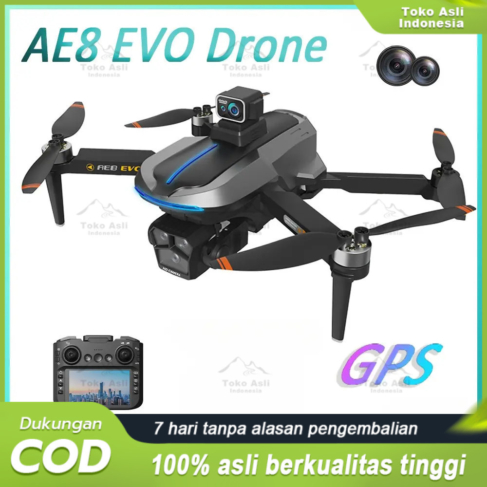 COD Drone AE8 EVO GPS 3 Kamera HD Layar Remote 2 Baterai + Memory Card + Lampu LED Drone AE8 EVO GPS