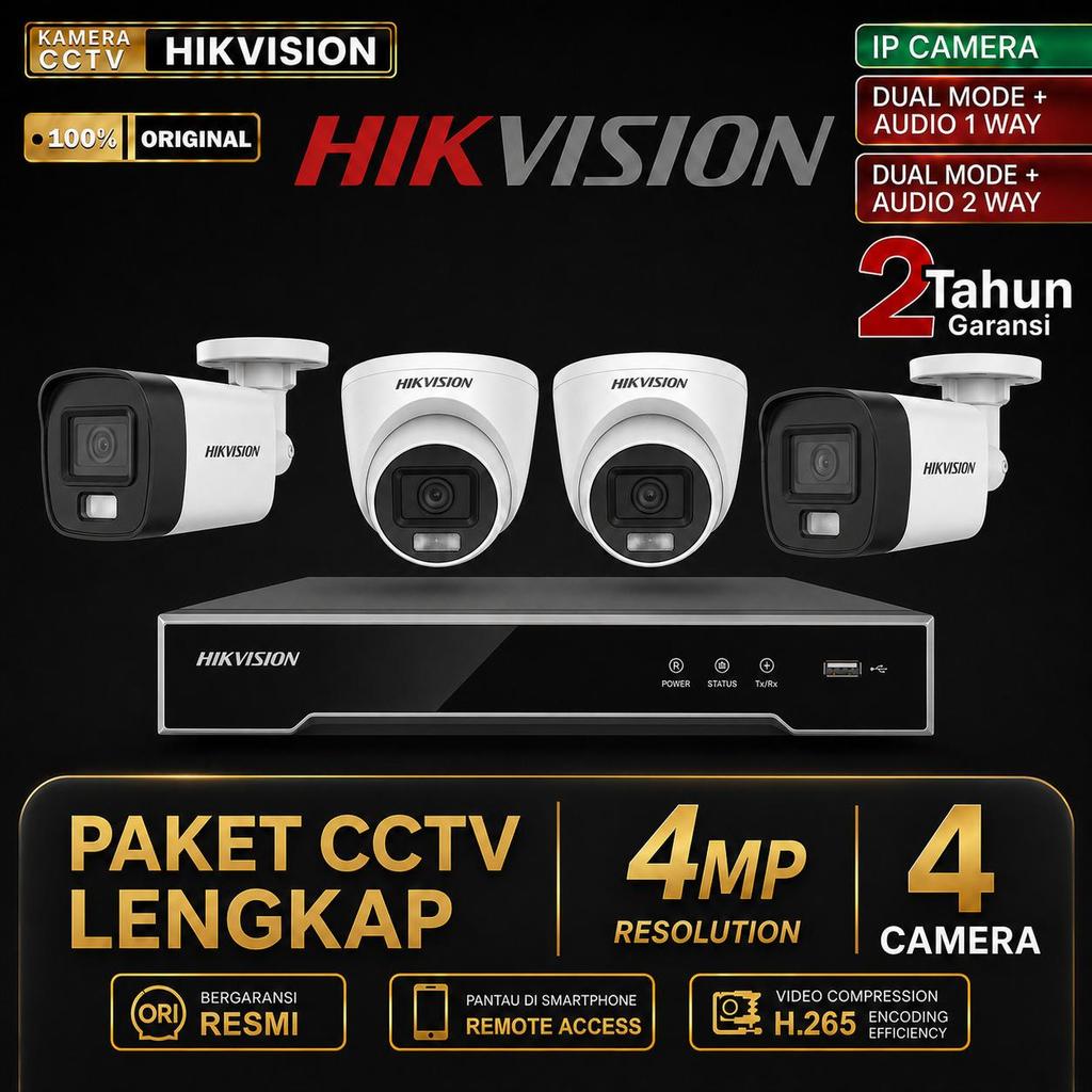 Paket CCTV HIKVISION IP Camera Full Color 4MP 4 Channel 4 Kamera