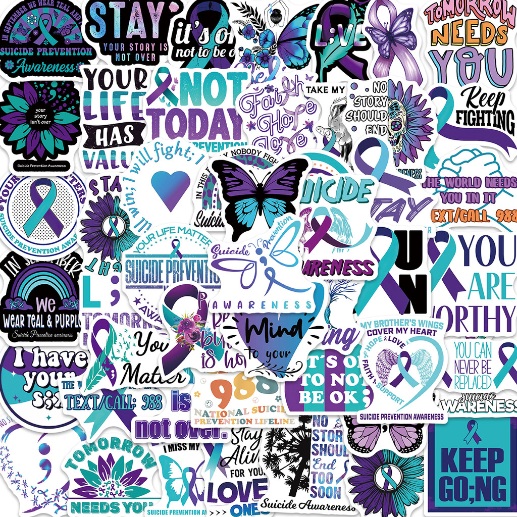 

50pcs Anti Suicide Prevention Awareness Sticker For Laptop Scrapbook Luggage Box Water Bottle Mental Health Waterproof Stickers