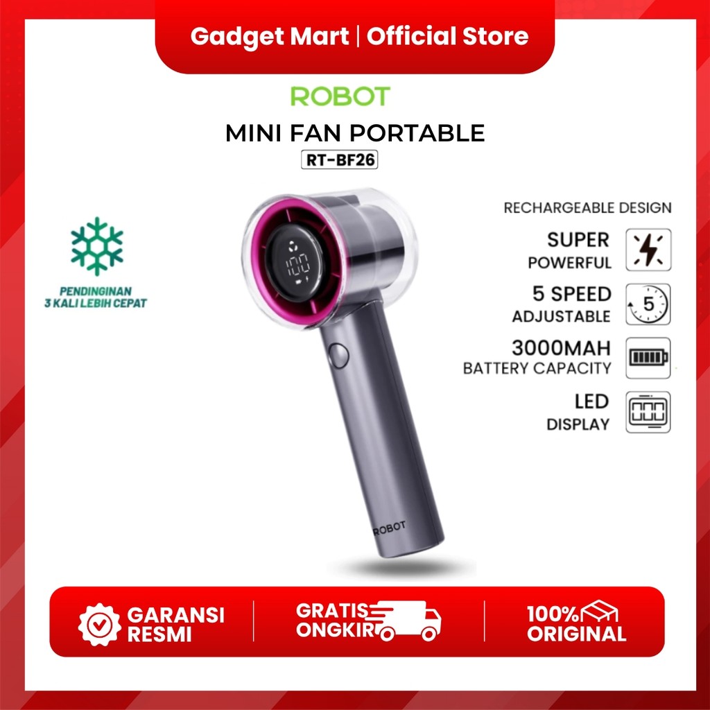 ROBOT RT-BF26 Mini Fan Portable Handheld Powerful Cooling LED Indicator Kipas Angin Portable 5 Speed