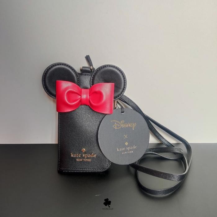 

READY nwt K*ate Spade X Disney Minnie Mouse Lanyard ID Card Black Multi Leather Hitam Merah Bow Authentic Hitam