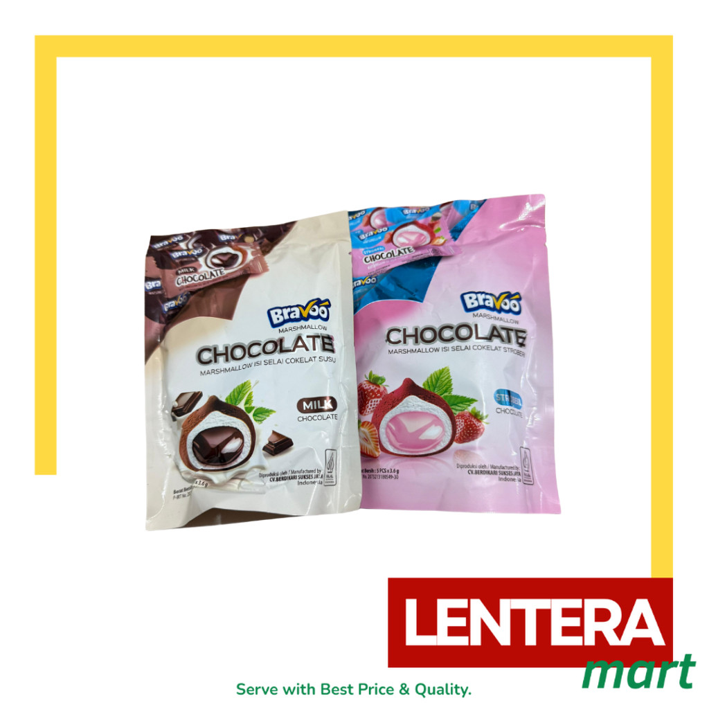 

Bravoo Marshmallow isi Selai Cokelat Susu/Cokelat Stroberi isi 5 pcs x 3.6gr LenteraMart