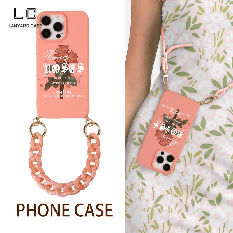 Case tali panjang Flowers With Lanyard for iPhone 15 14 13 12 11 Pro Max XS XR 6 7 Plus Soft Cover S