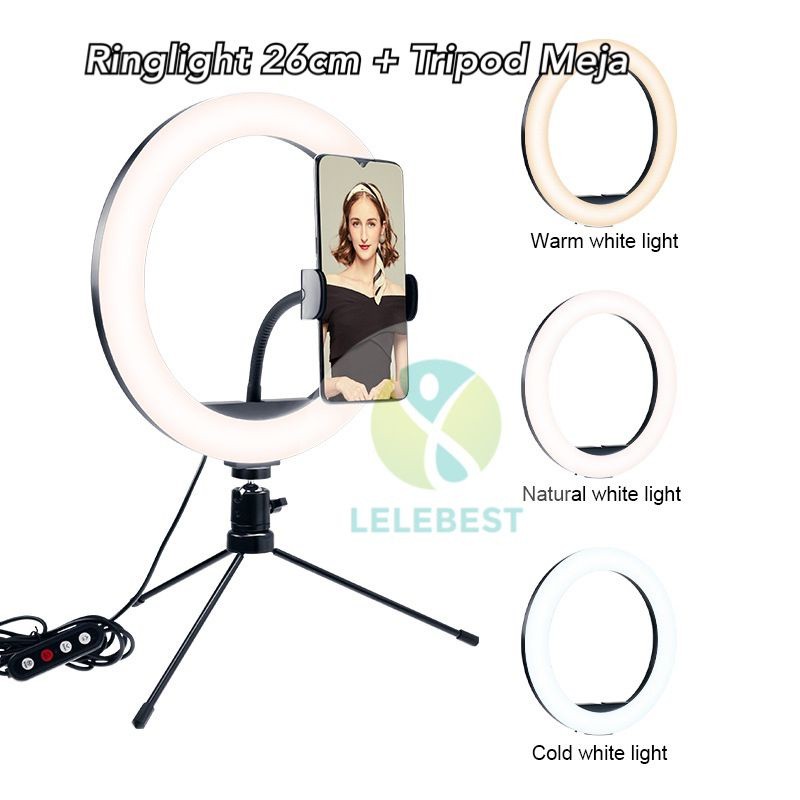Paket Komplit Ringlight 26cm + Tripod Meja Make Up Vlog Lampu Ringlight 26cm TERLARIS