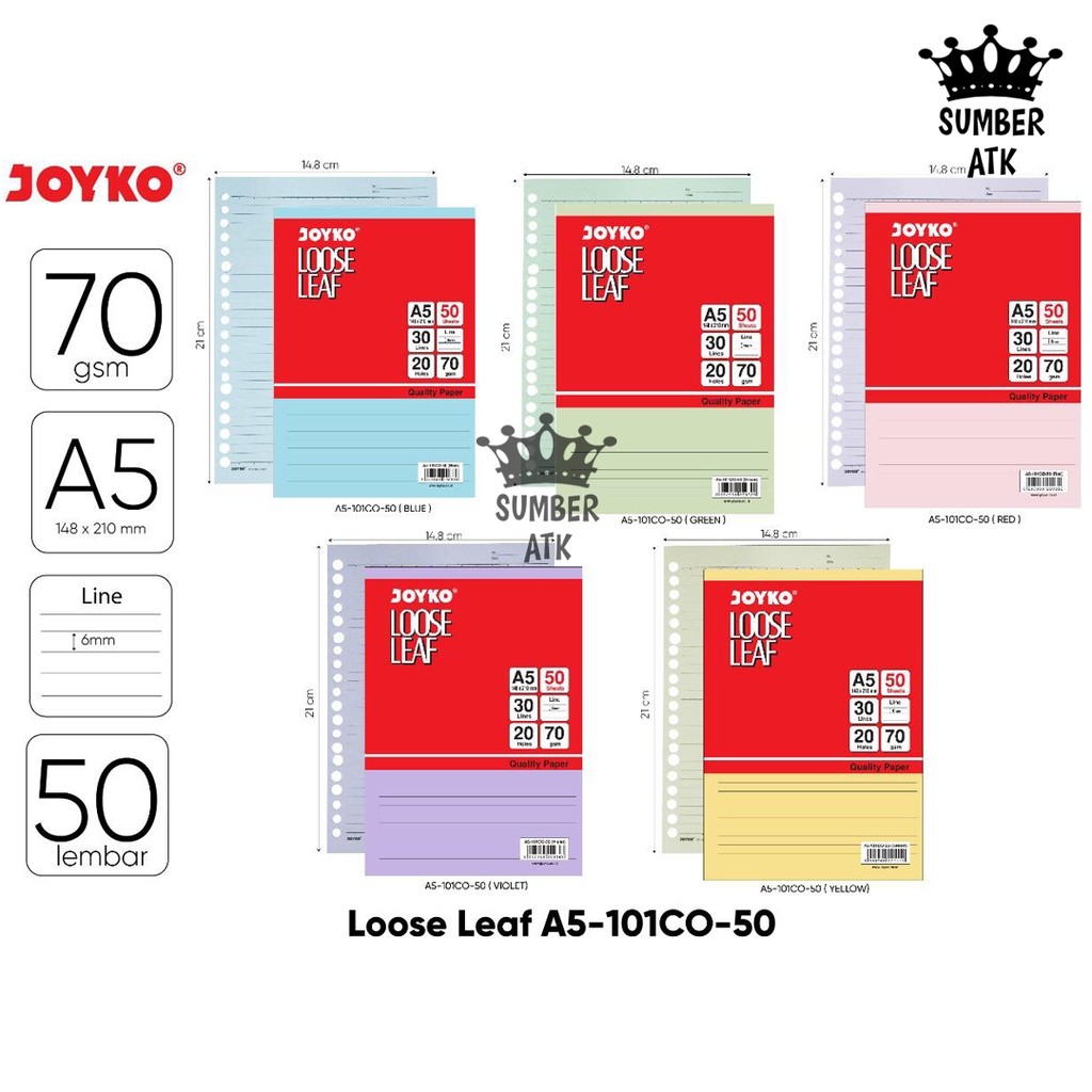 

TERLARIS Loose Leaf Color Isi Kertas File Binder Warna Joyko A5 50 Lembar