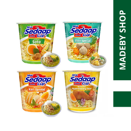 Mie Sedaap Sedap Cup Baso  Ayam Bawang Telur Kari Spesial Soto