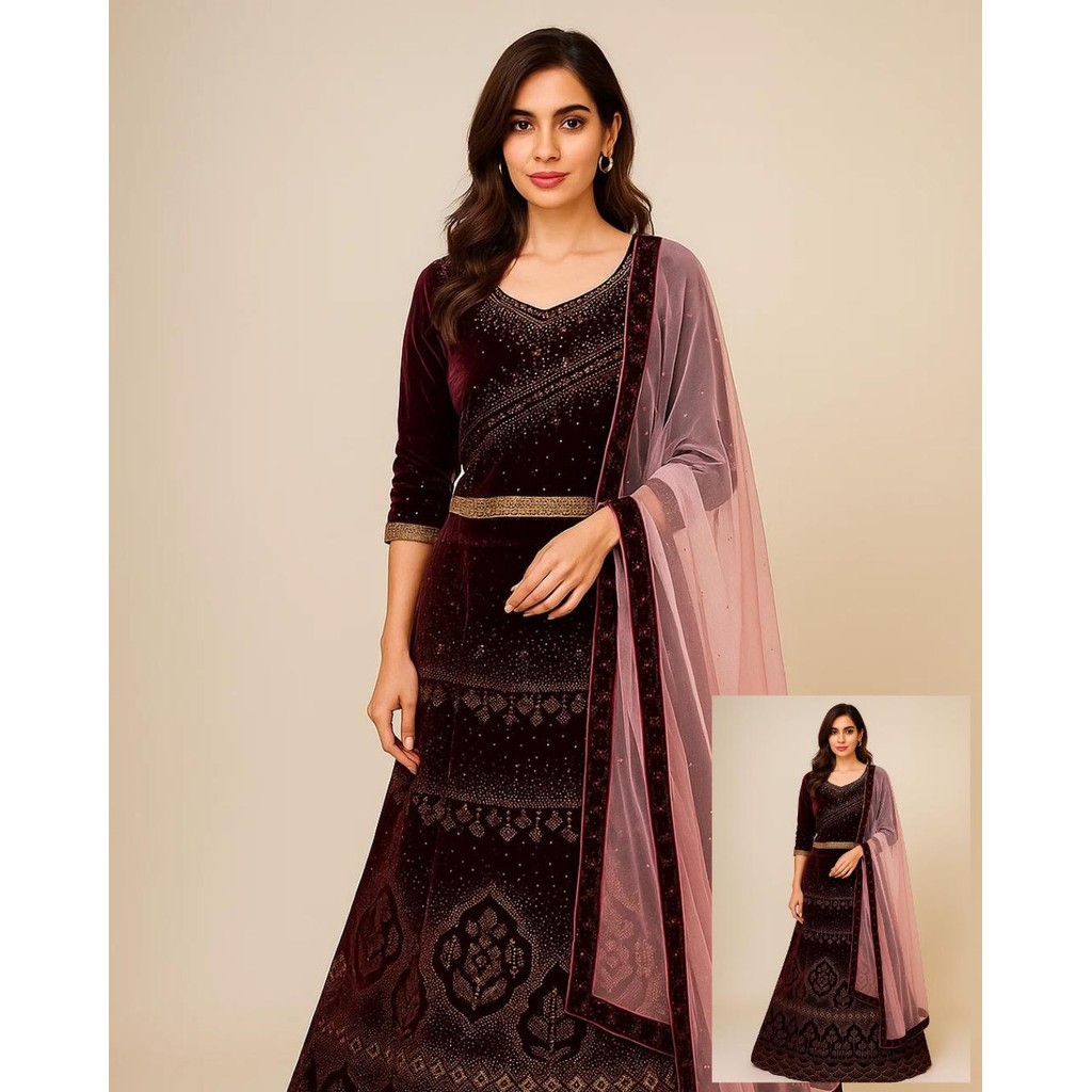 Lehenga India Bludru Hijau Botol Full Piyatte Batu2