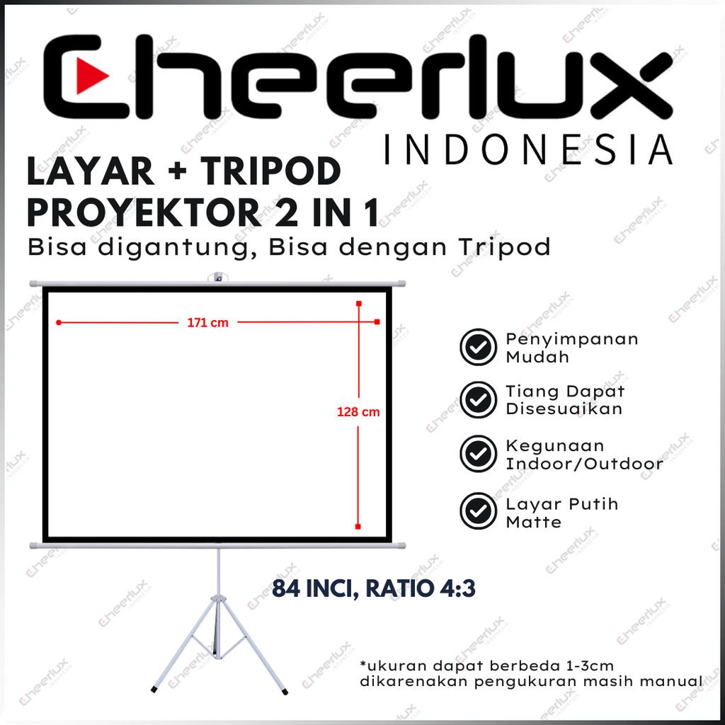 LAYAR PROYEKTOR PLUS TRIPOD 2 IN 1 16:9 dan 4:3 | Screen Tripod Projector Standing 84 Inch 16:9 dan 