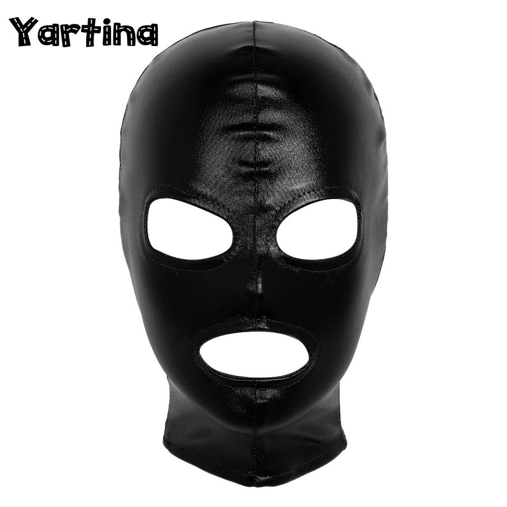 Womens Adult Mens Latex Full Face Mask Hood Masquerade Cosplay Costumes Kit Shiny Metallic Open Eyes