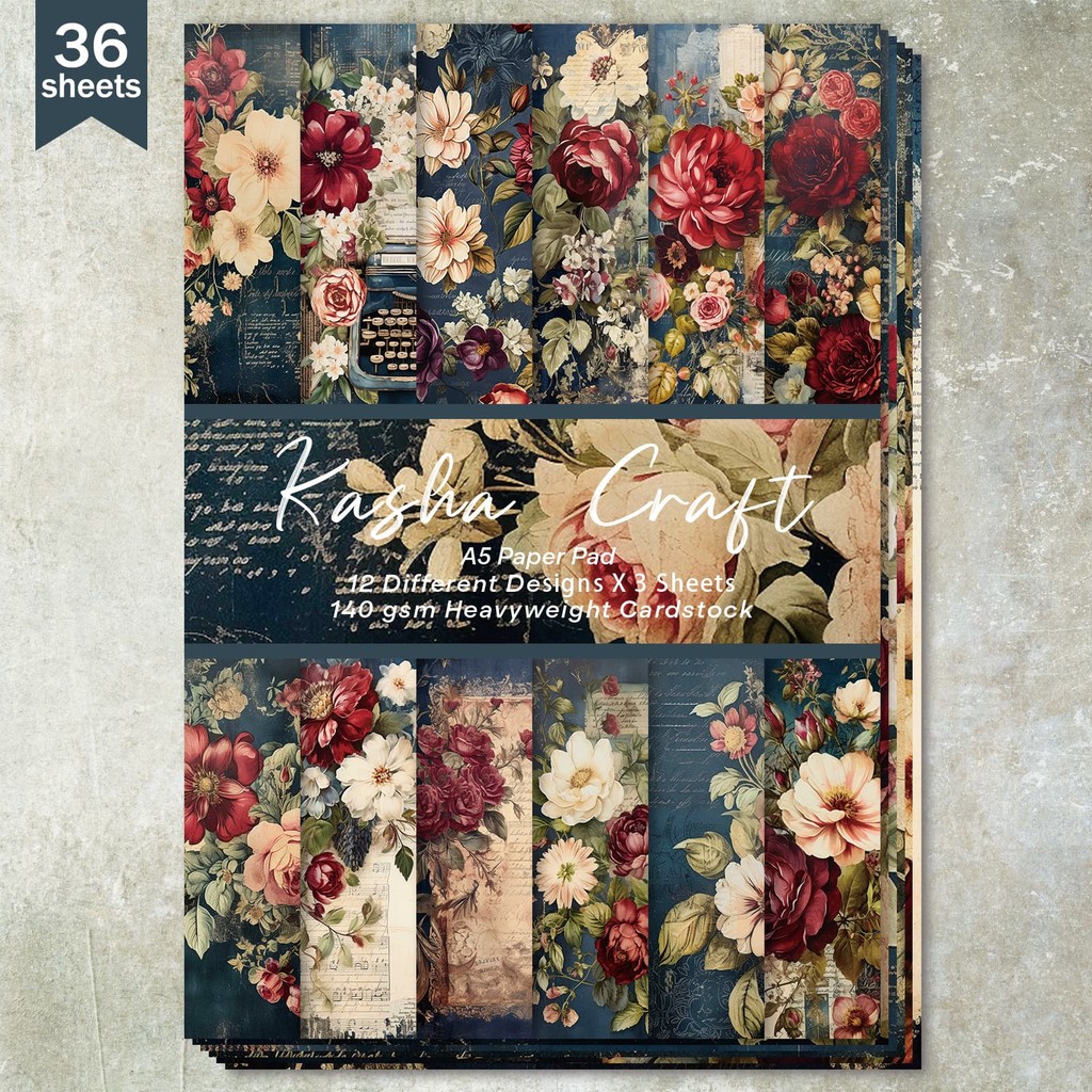 

36 Sheets A5 (Retro Blue American Floral Border) Clipping Thin Paper For Bullet Diary, Junk Magazine, Greeting Card Background