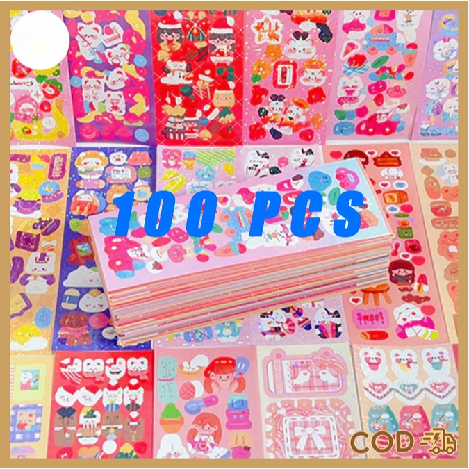 

100 lembar Berbagai Kartun Shiny Stiker Set Mahasiswa Hias DIY Bahan Stiker