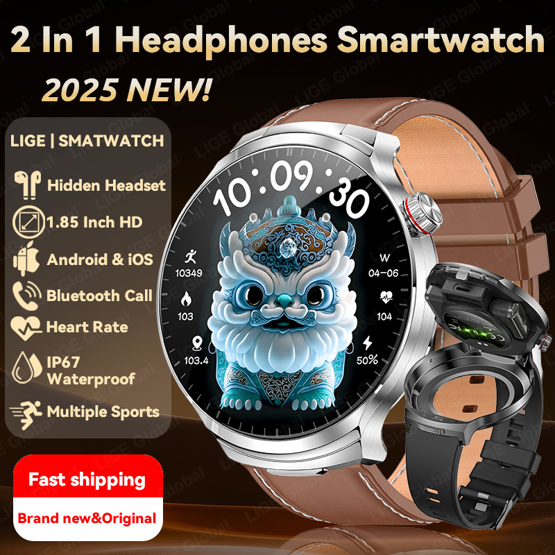 LIGE 2025 New TWS 2-In-1 Headset Smart Watch 1.85" Bluetooth Call Men Earphone Smartwatch Heart Rate