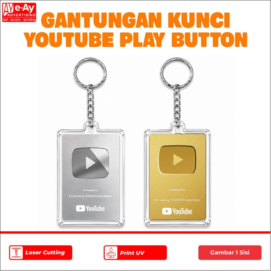 Gantungan Kunci Play Button Youtube Gold Silver Akrilik UV Print – High Quality 1PCS - Eay Advertisi