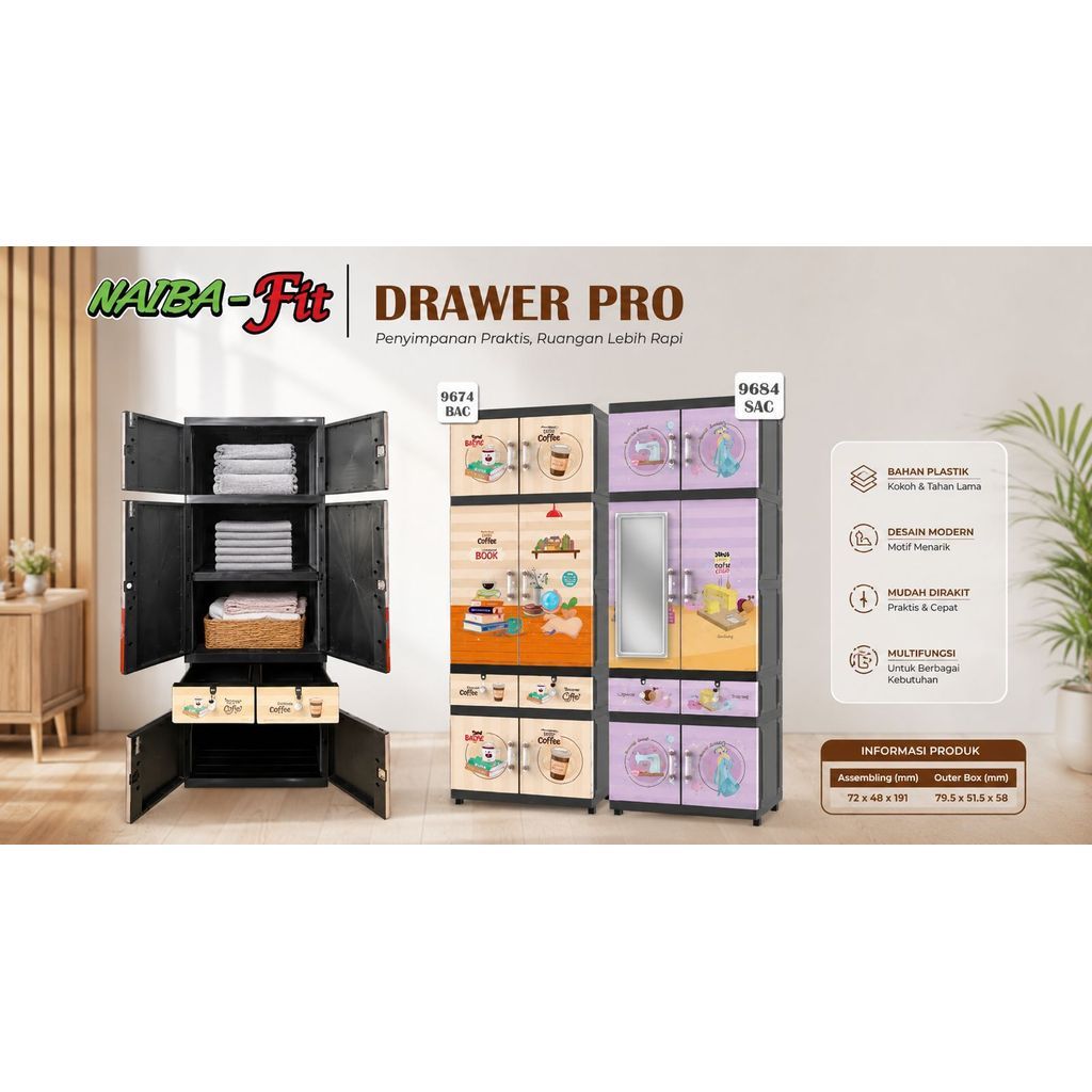 Naiba Pro 9684 / 9674 -  Lemari Plastik Naiba FIT Jumbo Kaca MIROR + Kunci FULL RAK | Cabinet Jumbo 