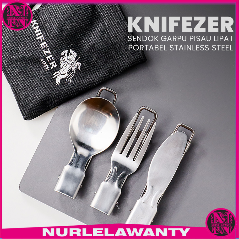 

- KNIFEZER Set Alat Makan Sendok Garpu Pisau Lipat Portable Cutlery - AOTU -