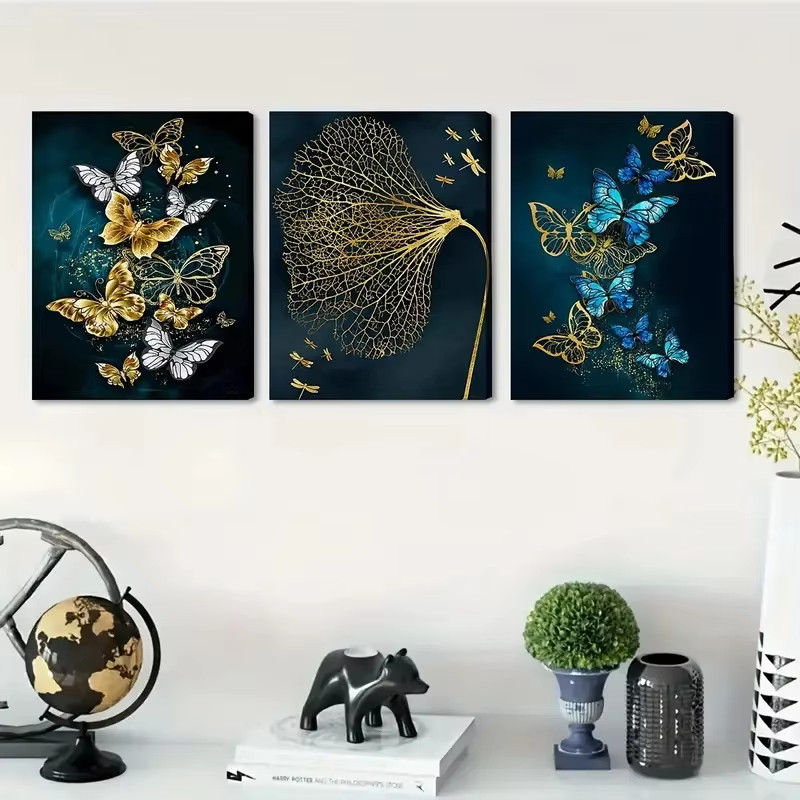 

3pcs Canvas Print Posters Nordic Golden Blue Butterfly Leaf Wall Art Paintings Modern Wall Posters for Living Room Bedroom Decor