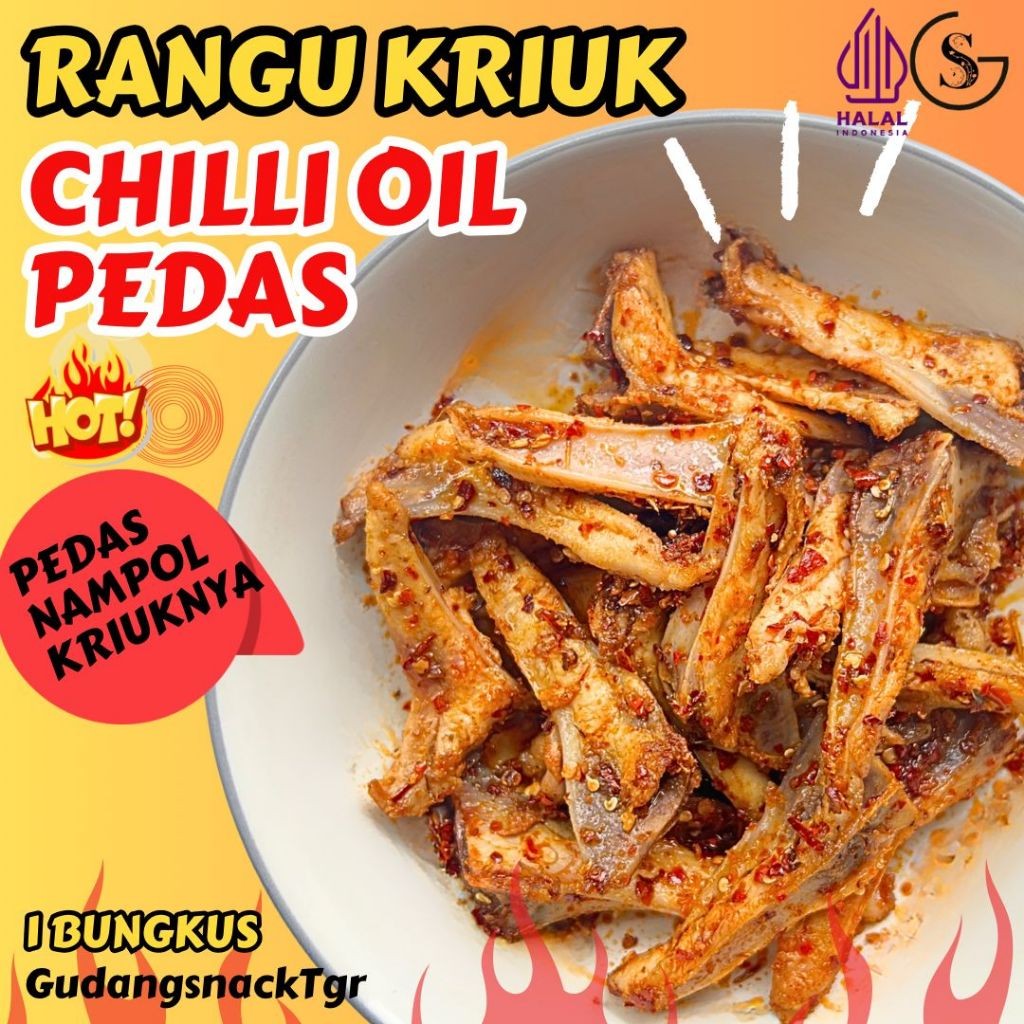 

[TERLARIS ] ⁠1 BUNGKUS Kriuk Nampol Tulang Rangu Pedas Geprek Chilli Oil 80gr-GUDANGSNACKTGR AV