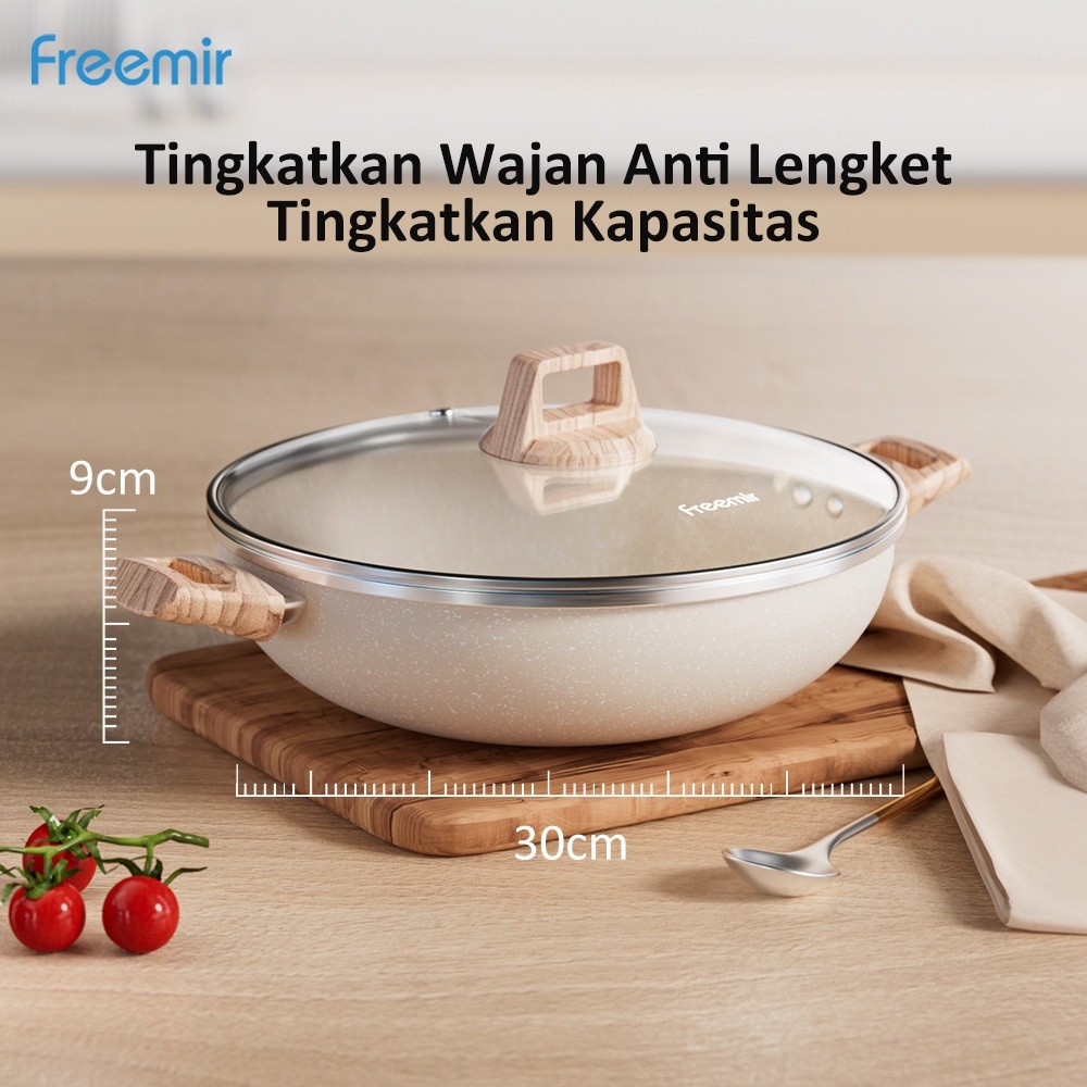 ZF43WS [OFFICIAL] freemir Wokpan Beige 30 cm Dengan Tutup Kaca Panci Anti Lengket Wajan Granit Bahan