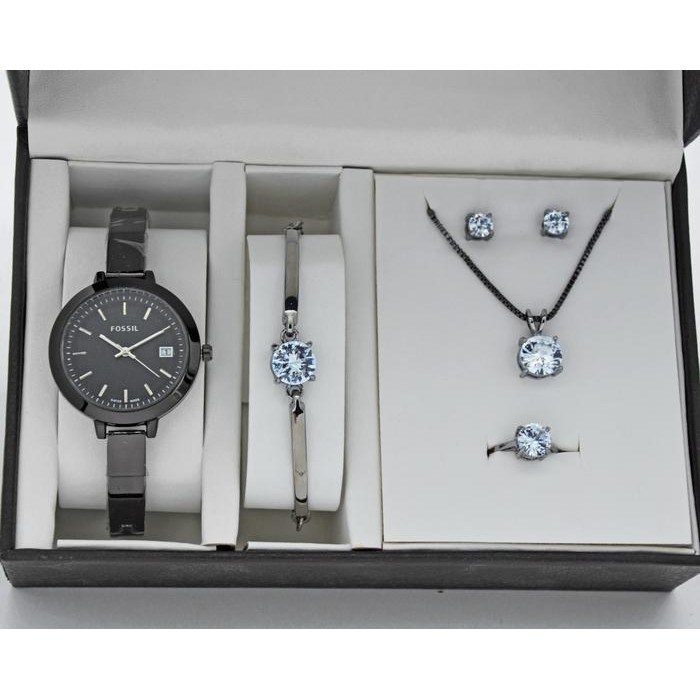 Jam tangan wanita fossil paket plus gelang cincing anting kalung - Hitam