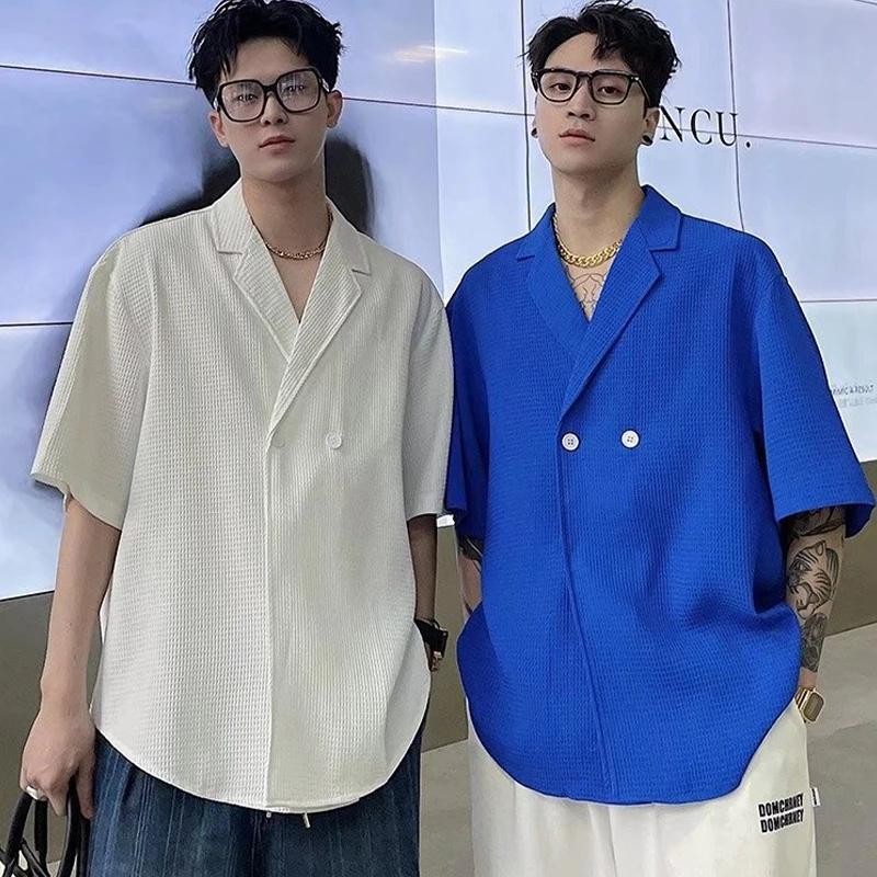 Kemeja Pria 2023 Korea Kemeja Lengan Pendek V Neck Oversize