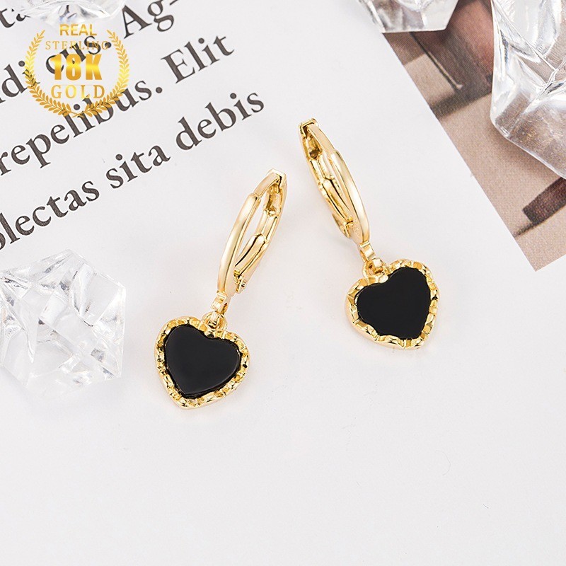 Anting Elegan Hati Hitam 18K Emas Anting Gantung Wanita