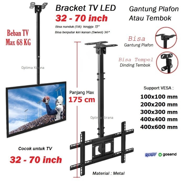 Bracket TV 70 65 62 60 57 55 52 47 42 37 32 inch LED Wall or Ceiling Mount Breket Braket Gantung 175