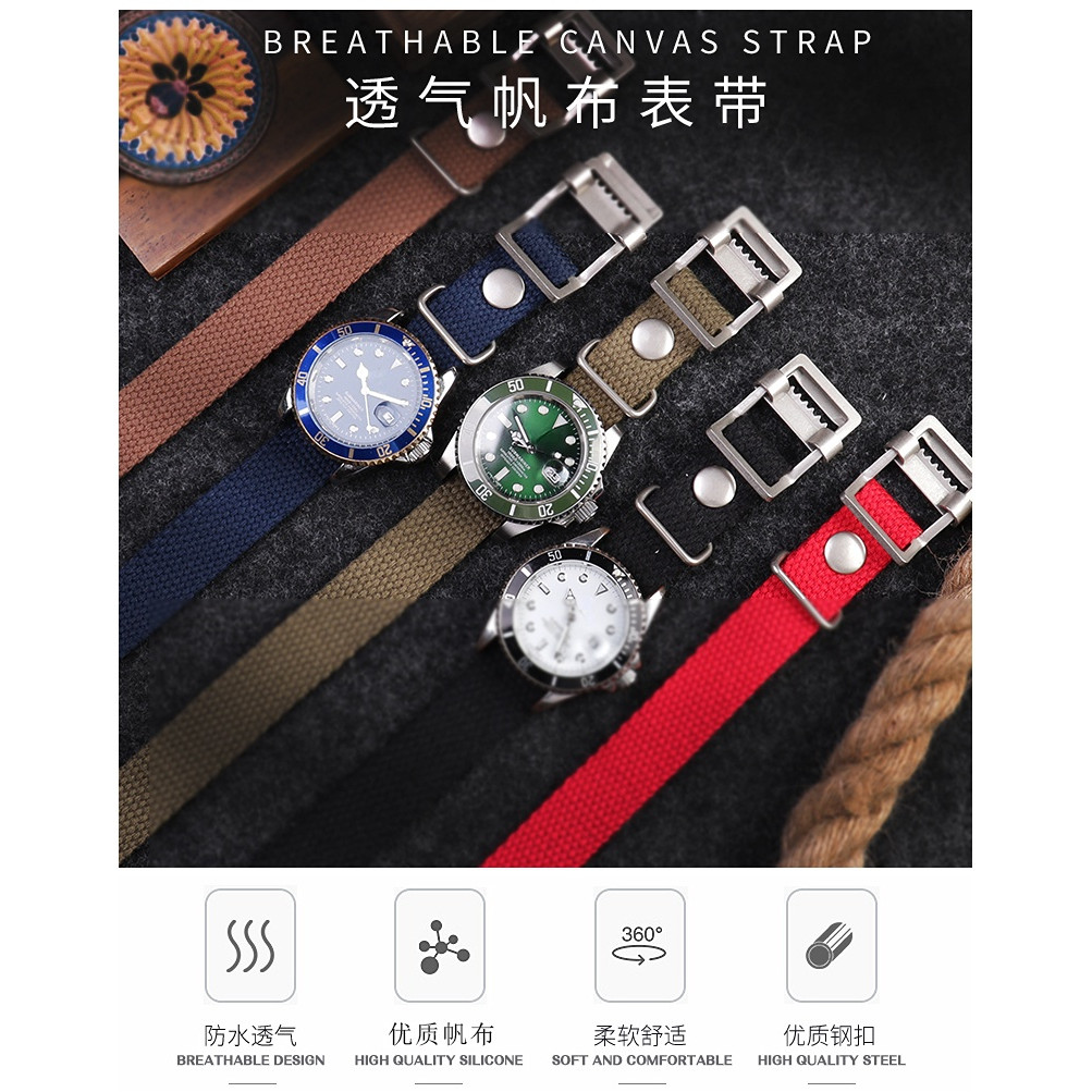 Vintage Breathable canvas wat strap For Rolex Black green water ghost Hamilton Seiko tudor 20mm 22mm