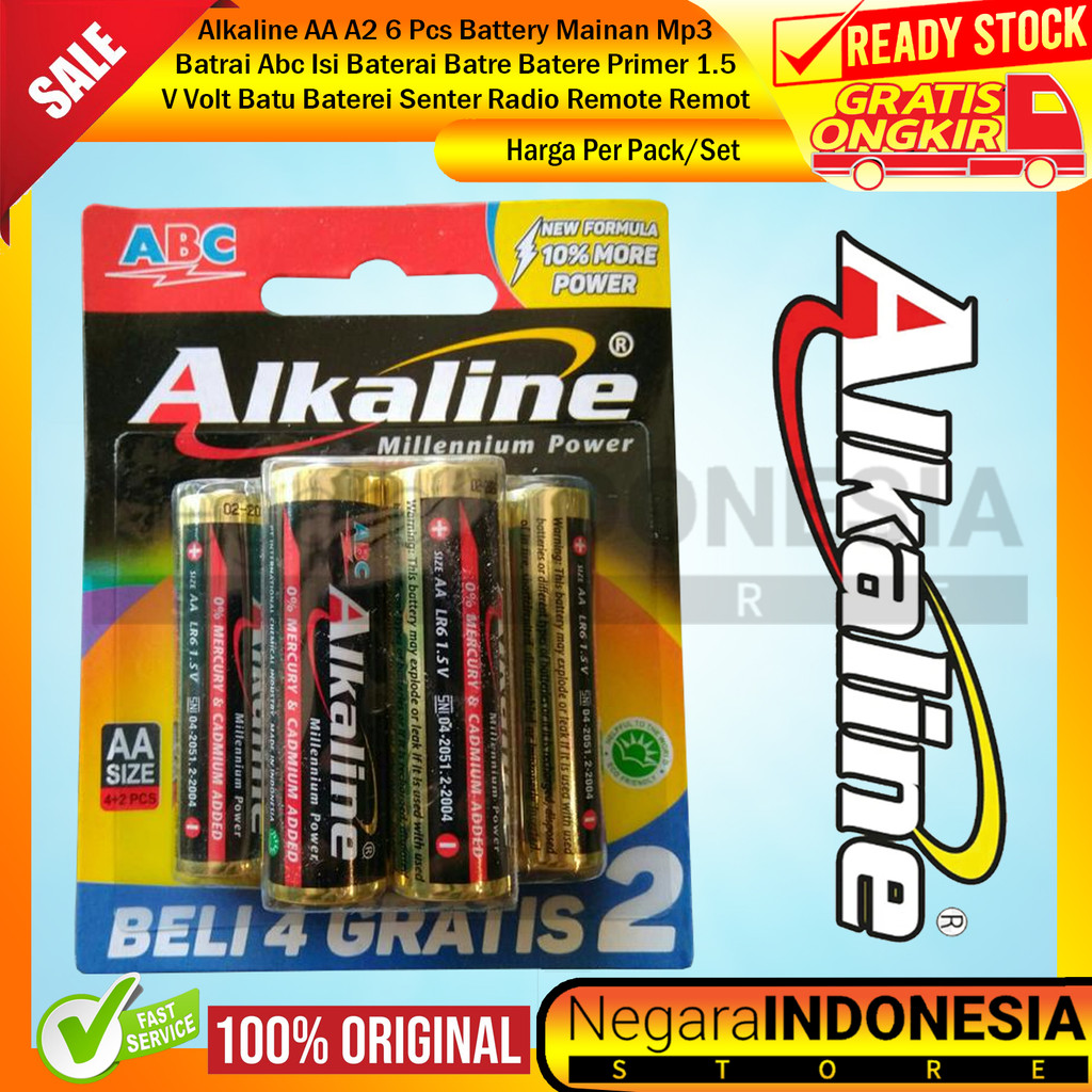 Alkaline Baterai Type AA Tipe A2 1.5v Isi 4+2 6 Pcs Batre Abc Battery Batu Batere Ori Jam Remote Rem