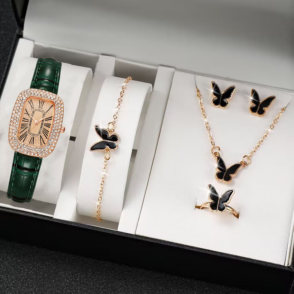 Jam Tangan Hijau Kecil Wanita Retro Jam Kuarsa Tali Kulit Penuh Kotak Berlian Menonton Paduan Temper