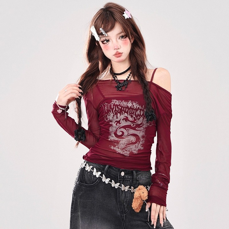 Air ZZ125 Atasan T-shirt Kaus Lengan Panjang Merah Off Shoulder Top Slimfit Wanita Jersey Retro Crop