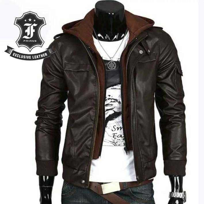 Jaket Kulit Sintetis GGS - Jaket Semi Kulit Hoodie Pria - JM