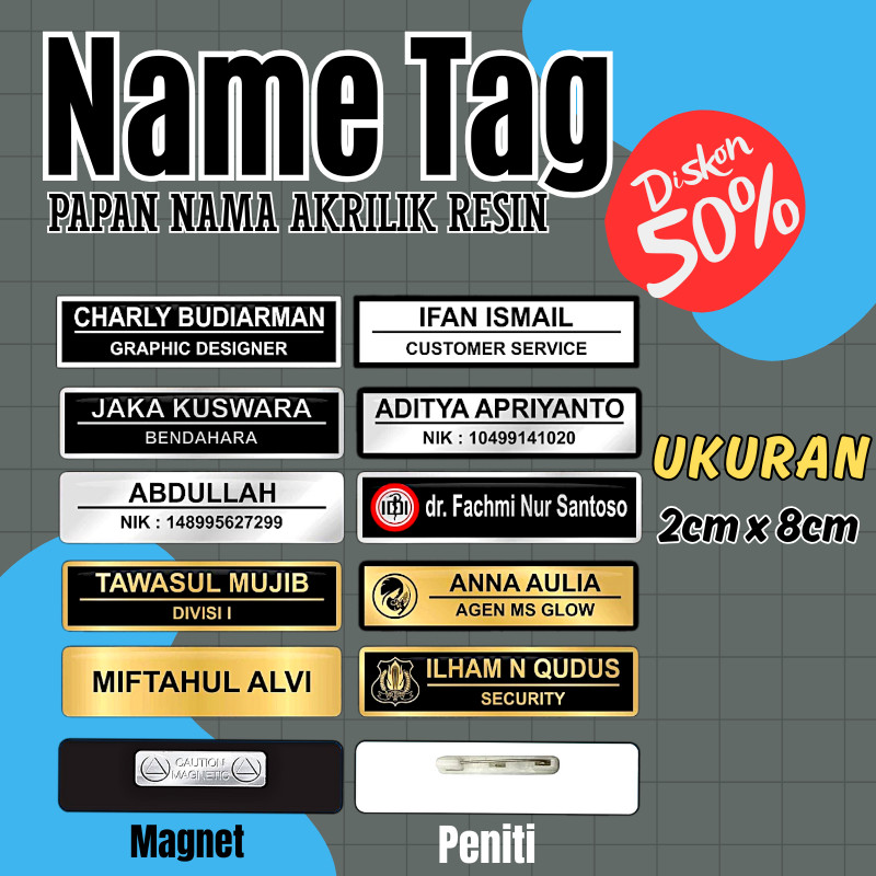 Name Tag Nama Dada Nama Dokter Akrilik Magnet Peniti Gold Silver