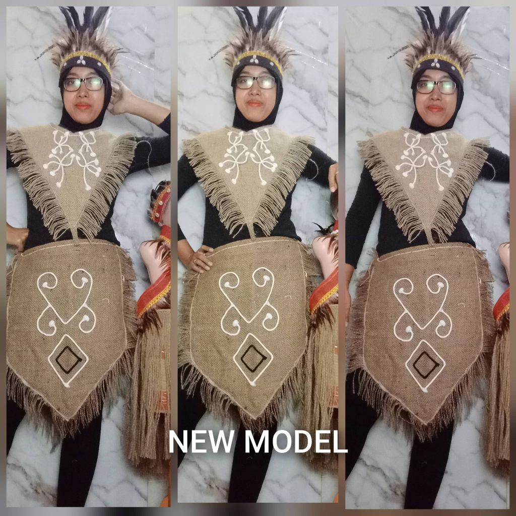 KOSTUM DAYAK KALIMANTAN, BAJU GONI,  BAJU DAYAK PAPUA LENGKAP TOPI