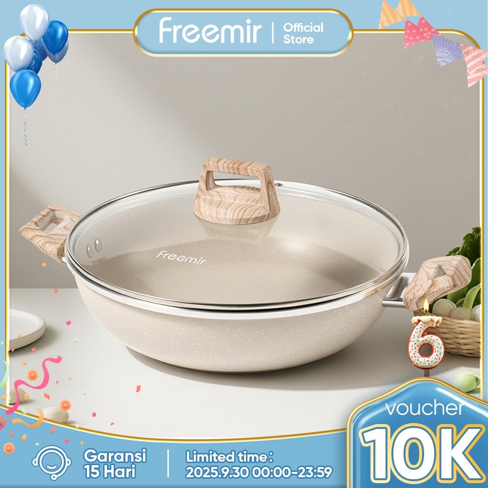 CHEFMOOD [OFFICIAL] freemir Wokpan Beige 30 cm Dengan Tutup Kaca Panci Anti Lengket Wajan Granit Bah