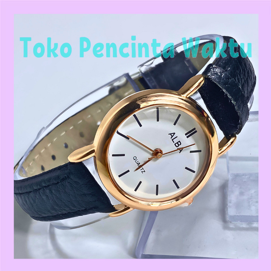 Terlaris Bisa COD ALBA Jam Tangan Wanita kecil Dual-Tone - Perak dan Emas Mawar, Tali Kulit, Wajah K