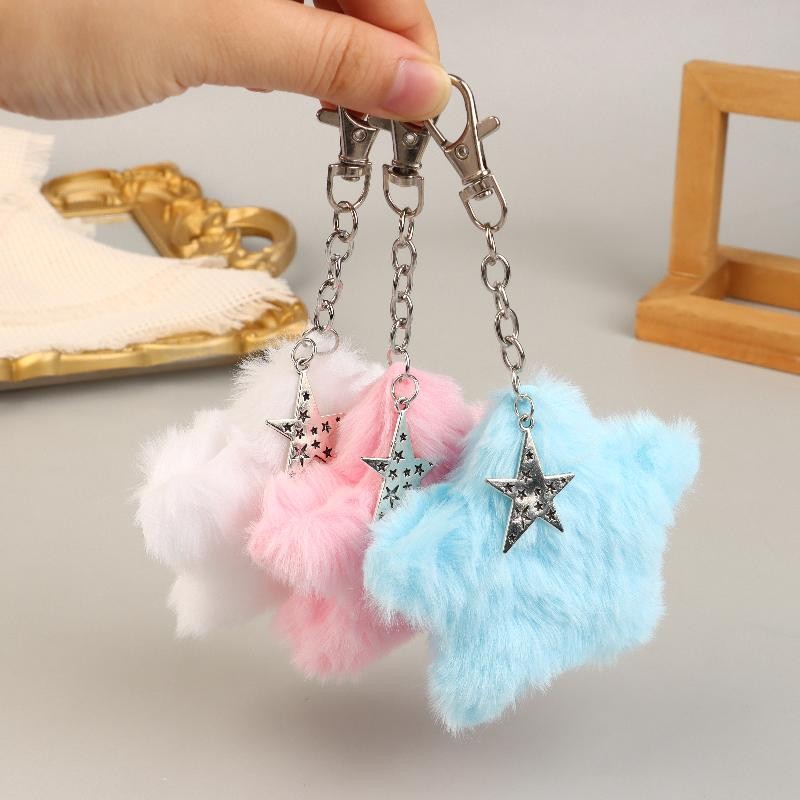 Sweet Fluffy Plush Star arms Keyain Y2K Faux Rabbit Fur Pompons Bag Ornament Fashion Gifts