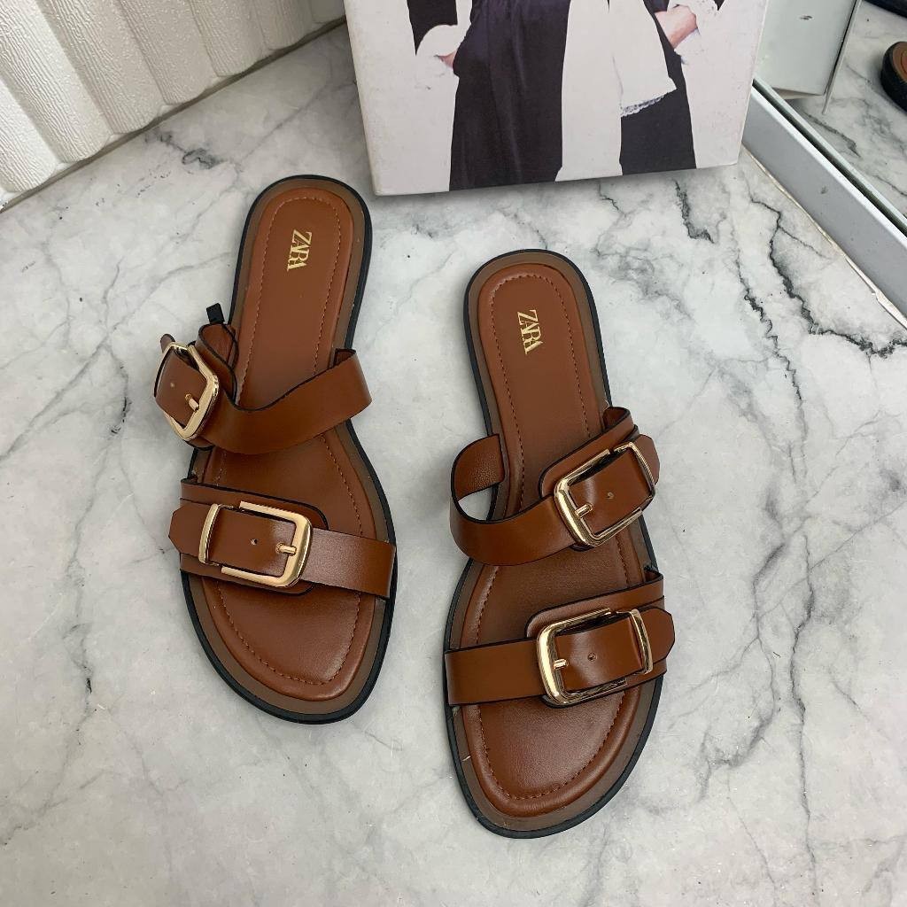 Sandal Flat Zara Black Double Strap 8495-1 - Nikitaforshoes