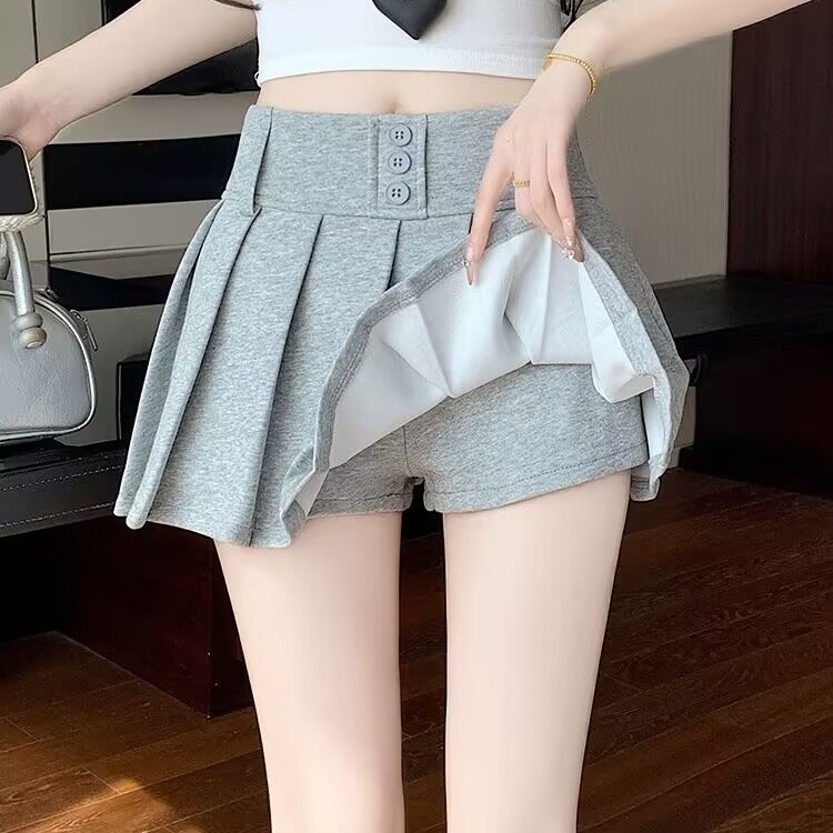 Rok pendek hitam wanita gaya Korea rok lipit seksi pinggang tinggi rok pendek A-line