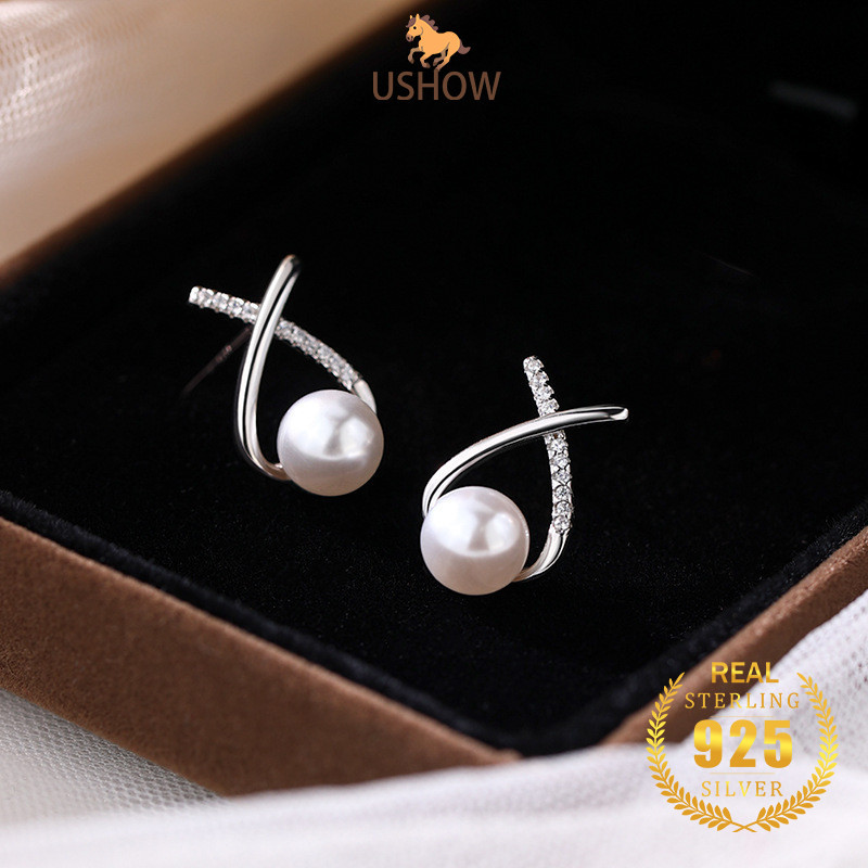 USHOW Anting-anting Mutiara Salib Perak S925 Perhiasan Fashion Wanita Grosir
