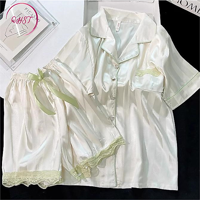 QHST Piyama Wanita Set Satin Renda Krem Pola Wanita Import | Baju Tidur Wanita Dewasa |  ​Cewek Paja