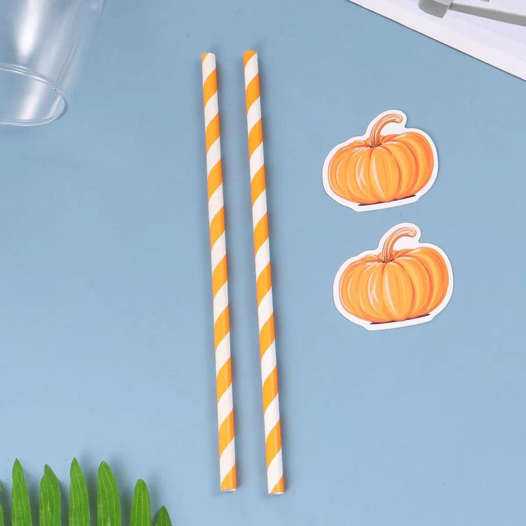 40Pcs Pumpkin Paper Straws Halloween Party Decoration Striped Design Eco Friendly Biodegradable for 