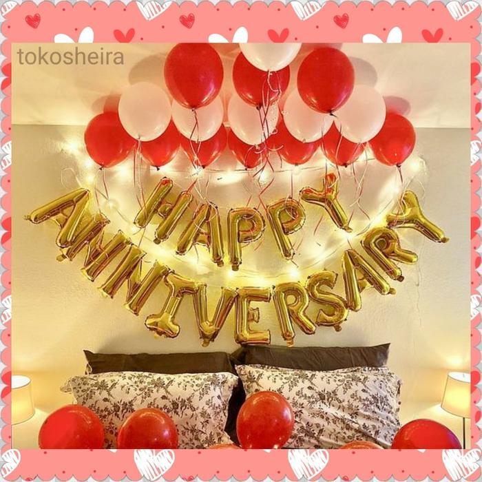 Balon Huruf Happy Anniversary Gold Red Emas Merah Balon Pernikahan - Emas/Gold