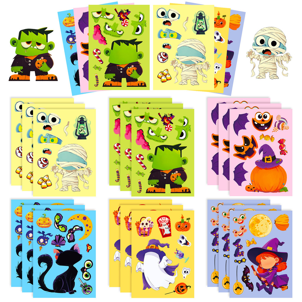 

6Sheets Halloween DIY Puzzle Sticker Games 6 Ghost Pumpkin Make A Face Funny Assemble Jigsaw Stickers Kids Educational Toys