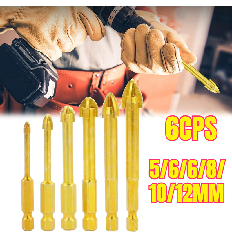 6Pcs/Set Mata Bor Segitiga Multi Emas Cross Head Silang Granit Multifungsi Perkakas Tukang Presisi